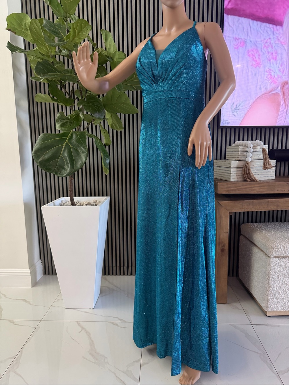 Teal Shimmer V-Neck Evening Dress